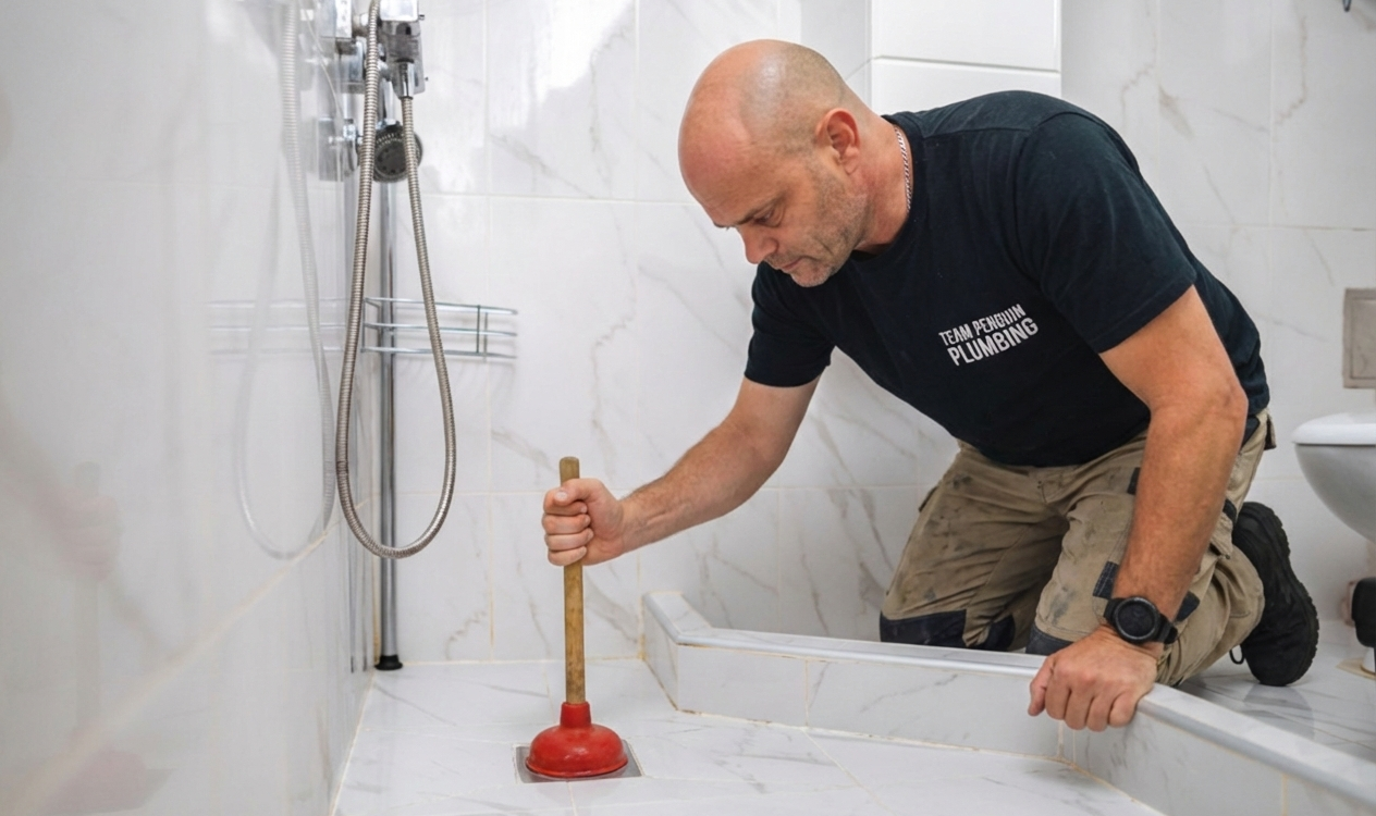 A plumber kneels on a tiled bathroom floor using a red plunger to unclog a shower drain. He wears a black T-shirt and beige pants, with plumbing tools and fixtures visible around him.