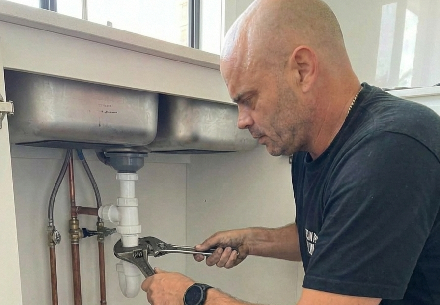 A man is using a wrench to fix the pipes under a kitchen sink. He is focused on his work, wearing a black t-shirt and a watch, and is surrounded by plumbing tools and fixtures.