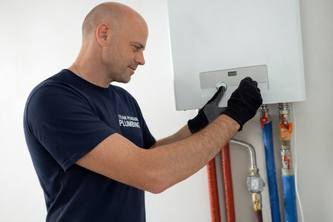 A plumber wearing gloves adjusts the control panel on a wall-mounted water heater, with pipes and valves visible below the unit.