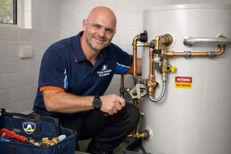 A smiling plumber wearing safety glasses and a navy shirt kneels next to a hot water system, using a wrench on its pipes. A tool bag with plumbing tools is nearby. Labels on the tank read WARNING HOT WATER.