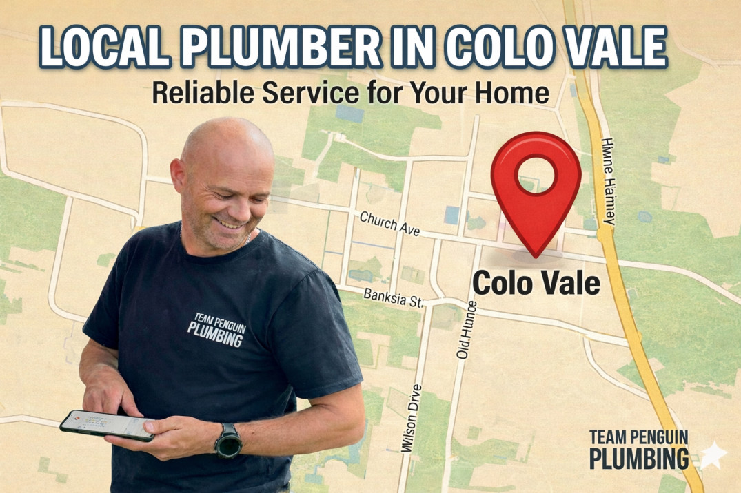 A smiling plumber in a Team Penguin Plumbing shirt uses a tablet, superimposed on a Colo Vale map with a red location pin. Text reads: Local Plumber in Colo Vale – Reliable Service for Your Home.