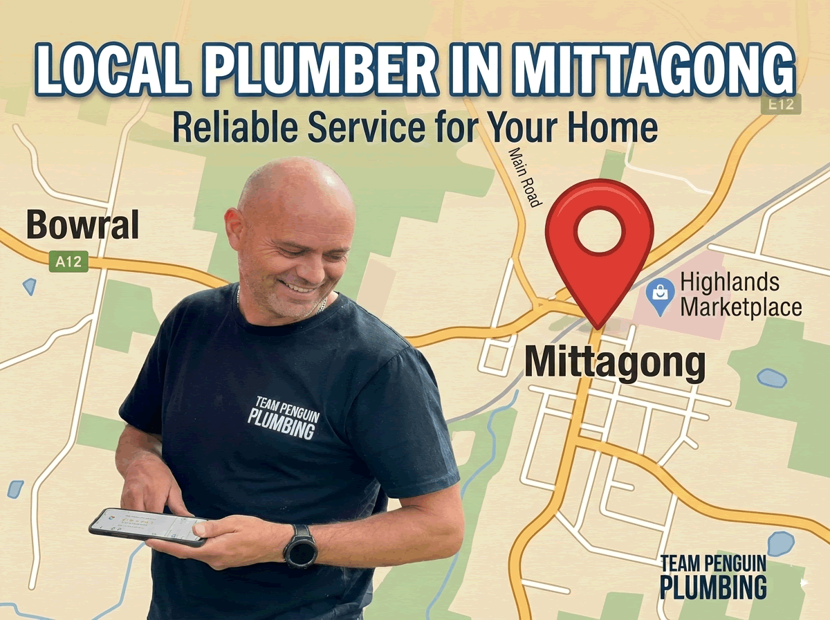 A smiling plumber in a Team Penguin Plumbing shirt holds a tablet in front of a map of Mittagong with a red location pin, advertising local and reliable plumbing services.